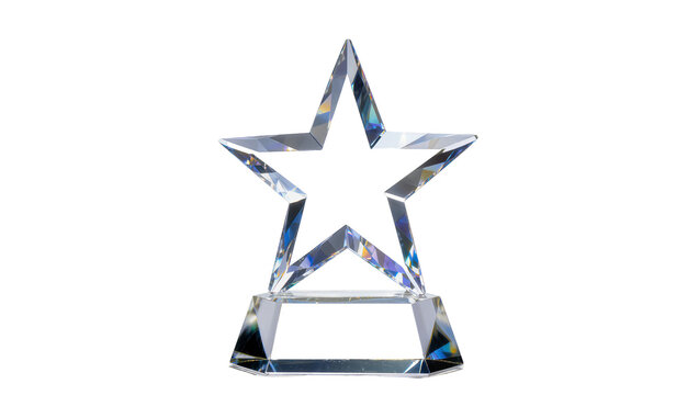 Isolated star-shaped crystal trophy, prize of excellence and achievement award, glass shine
