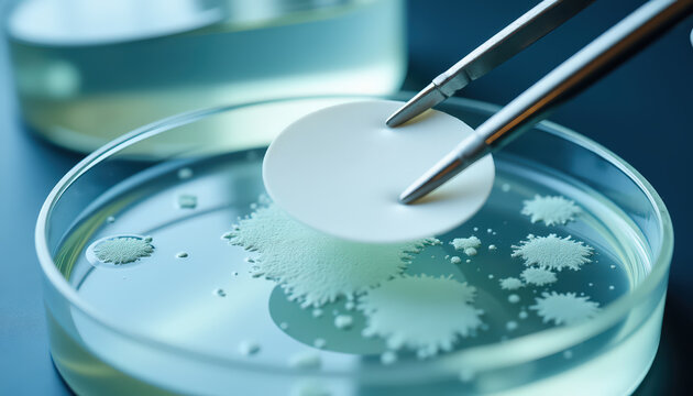 Petri dish with bacterial colonies and sterile disc manipulated with tweezers for microbiology research and laboratory background