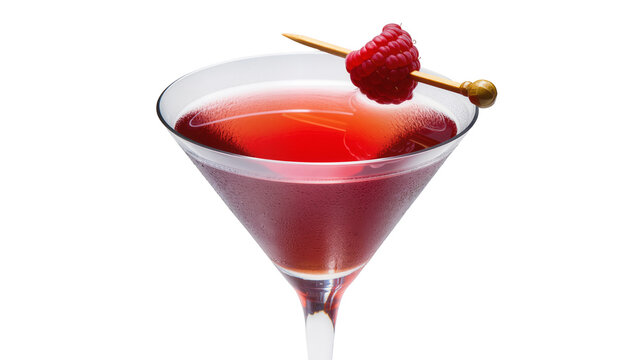 Isolated delicious ruby red cocktail in a glass garnished with fresh ripe raspberry