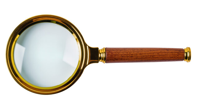 Isolated golden framed magnifying glass with wooden handle for inspection and examination