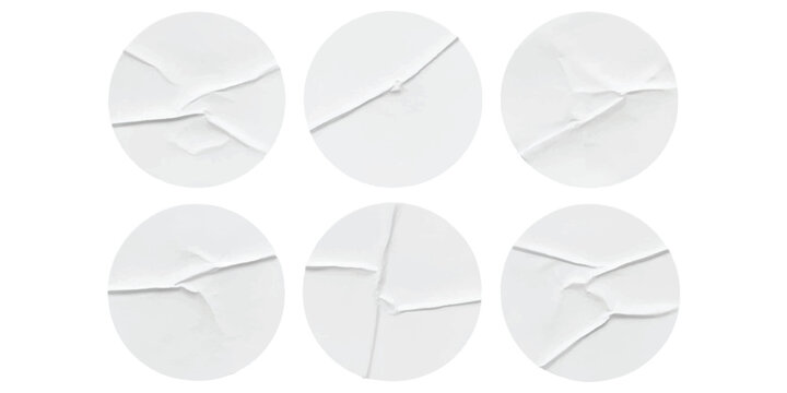 Six wrinkled white circular stickers isolated on a white background, perfect for graphic design mockups