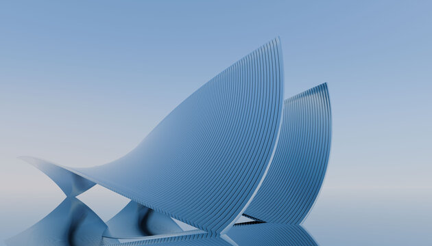 Futuristic blue curved architectural structure reflecting on water surface, minimalist 3D abstract background.