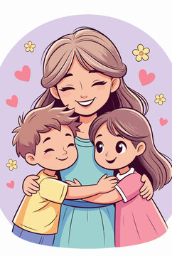 Vector icon sheet featuring a mother hugging her two children, representing family love and motherhood. This vector sheet is ideal for digital and print use