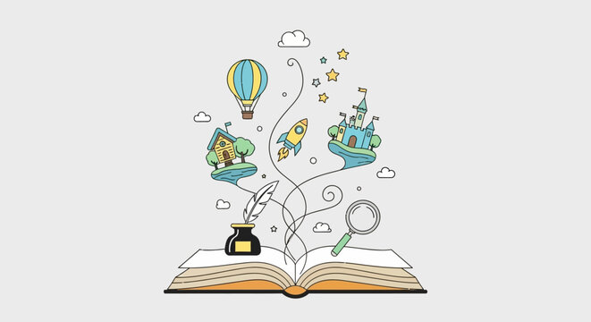 Open book with floating fantasy elements and storytelling icons