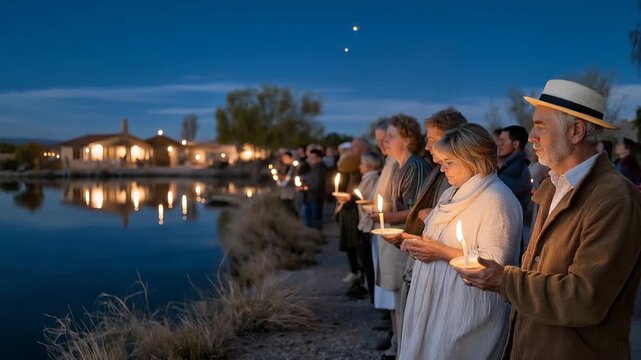 Festive Easter vigil gathering by a peaceful lake, families lighting candles as night falls, sharing stories and traditions under the moonlight. Calm water reflecting the stars, gentle whispers of