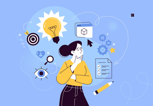 Design Thinking Concept. Woman thinking with creative icons around her. Idea generation, analysis, research, problem solving, planning, innovation and user-centered design process in flat vector style