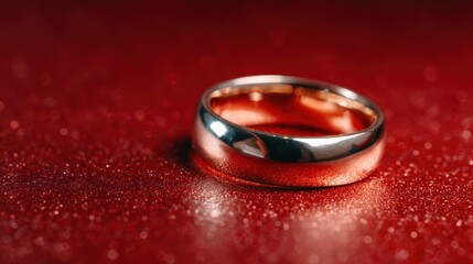 A beautifully crafted wedding ring resting on a shimmering, red surface, symbolizing love and commitment with a touch of elegance and luxury in its design and presentation.