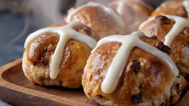 Hot cross buns freshly baked on a wooden board with icing crosses and spices, perfect for Easter holiday traditional food, festive seasonal baking, springtime treat, celebration, British tradition,