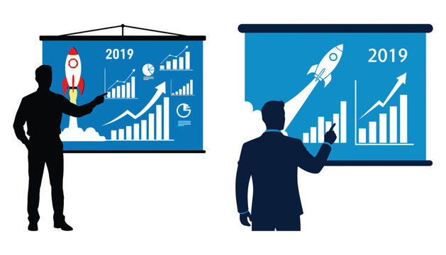 Data Scientist Silhouette Presenting Rocket Growth Chart 2019