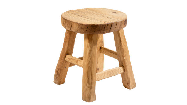 Isolated wooden stool with four legs, simple furnishing, rustic chair for relaxing, handmade