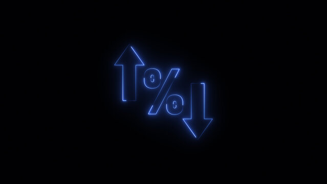 Neon percentage increase and decrease icons with up and down arrow images on black background.