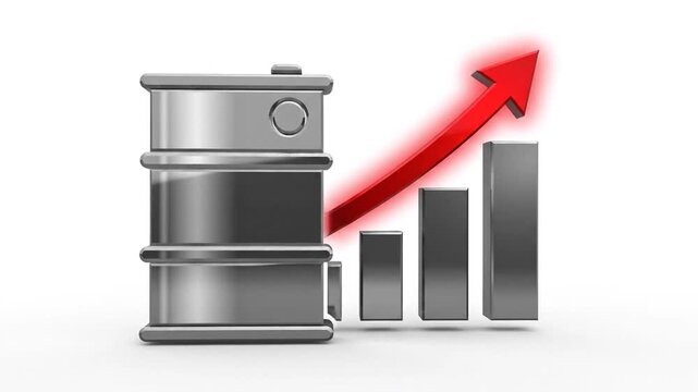 Gray industrial petroleum barrel with ascending arrow symbol representing global fuel cost inflation and energy market volatility crisis on white backdrop vector graphic illustration.