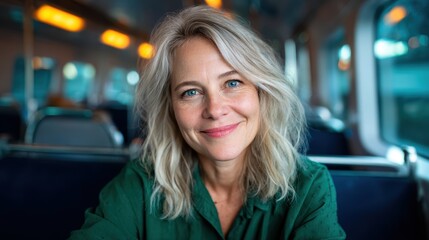 Obraz premium A cheerful woman sits on a train, exuding warmth and positivity. Her natural beauty is enhanced by the soft light filtering through the train windows, creating a comfortable atmosphere.