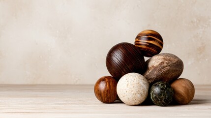 Obraz premium A beautiful arrangement of natural wood balls of varying textures and patterns sit gracefully on a serene surface, showcasing nature's artistry and elegance in design.