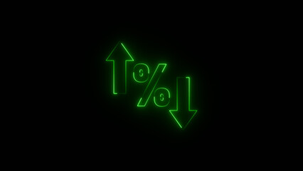 Neon percentage increase and decrease icons with up and down arrow images on black background. © MST MERINA