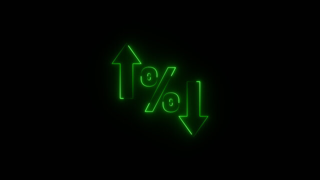 Neon percentage increase and decrease icons with up and down arrow images on black background.