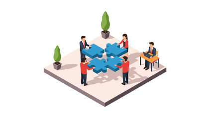 Collaborative teamwork concept with people assembling puzzle pieces in an office