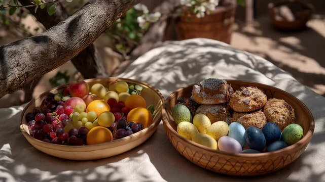 Rustic Easter Sunday picnic featuring colorful platters of fresh fruits, baked goods, and decorative eggs under a sprawling tree. Dappled sunlight creating playful patterns on the blanket, while