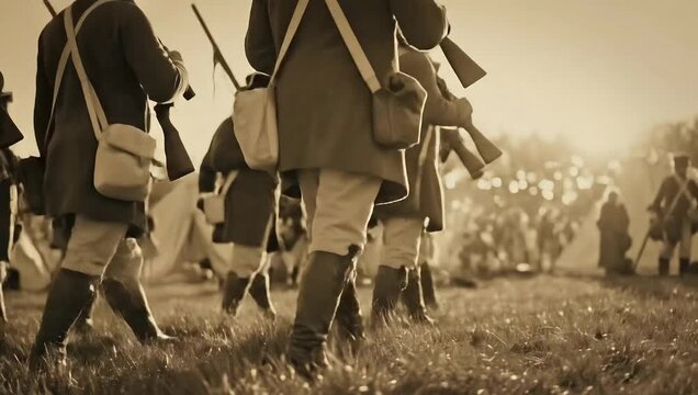 Revolutionary War Soldiers Marching in a Camp.