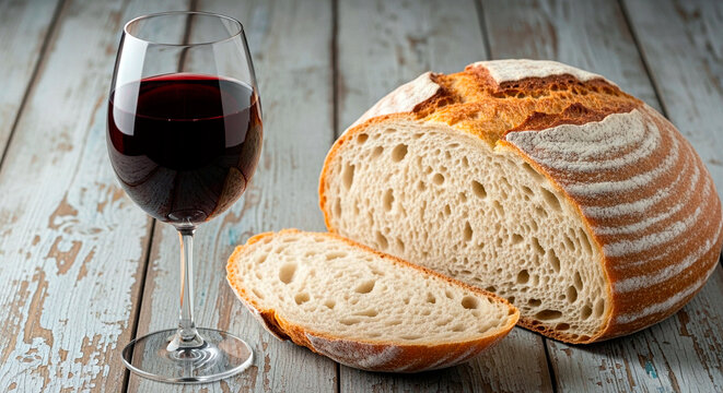 Glass of red wine and rustic homemade bread on a distressed wooden table. Traditional food and drink still life