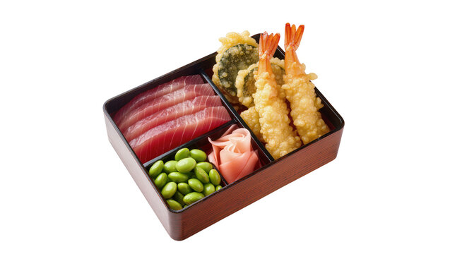 Isolated bento box containing tuna sashimi, tempura shrimp, edamame, and pickled ginger