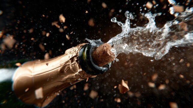 A dynamic image of a champagne bottle exploding with bubbles and flying cork, symbolizing celebration, joy, and the excitement of special moments in life.