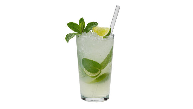 Isolated mojito cocktail with ice, mint and lime, served with a drinking straw in a glass