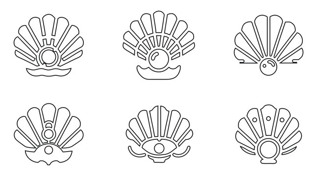 Seashell with pearl line icon vector set, seashell symbol outline icon illustration