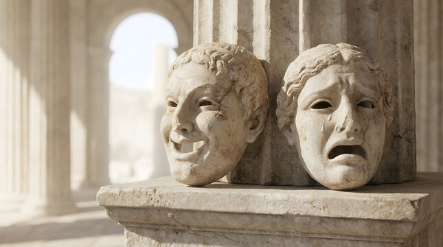 Ancient stone theater masks expressing drama and tragedy on marble shelf with soft natural lighting