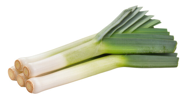 Isolated group of fresh leeks, a healthy ingredient for cooking delicious vegetable food