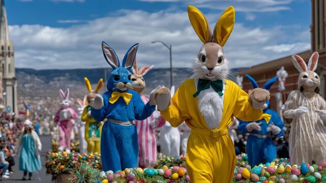 Vibrant Easter Sunday parade with cheerful floats and children dressed in bunny costumes, celebrating the joy of the season with music and laughter. Bright blue sky and vivid spring colors create