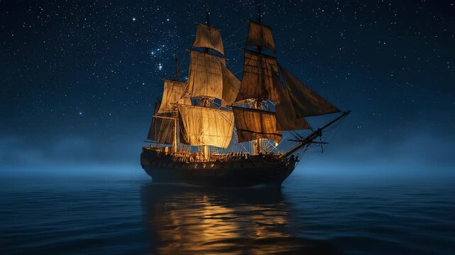 An old wooden sailing ship on the sea at night. Historic tall ship with illuminated sails under a starry sky. Adventure and exploration concept