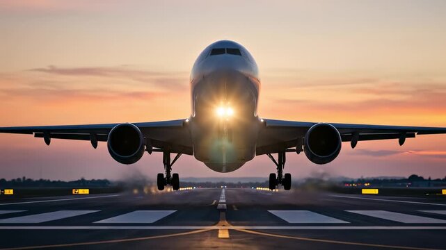 Commercial airplane taking off from a runway at sunset. Aviation and travel concept with a jet lifting off into an orange sky. Flight departure at dusk