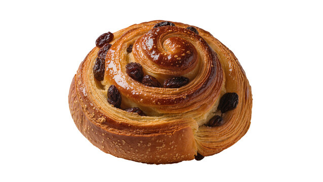 Isolated delicious spiral raisin danish pastry filled with fruit and baked to golden perfection