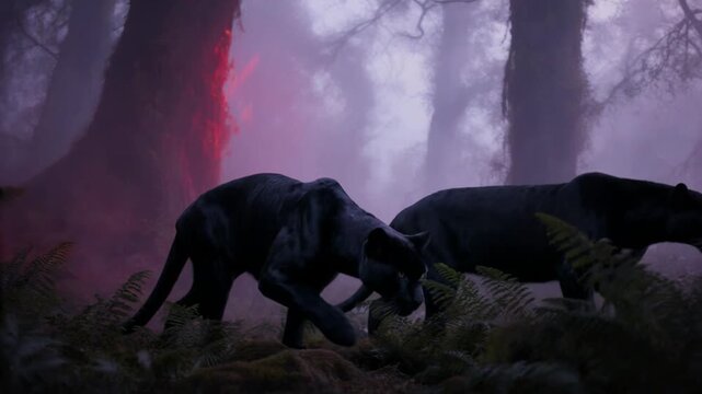 Two black panthers in forest together.