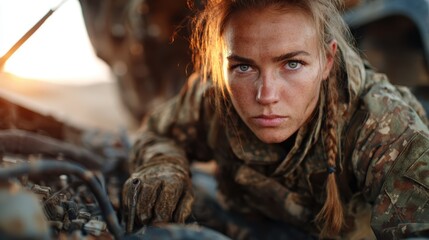 A determined female mechanic intensely focuses on repairing an engine, showcasing her skills and resilience in a challenging environment, highlighting female empowerment in trades.