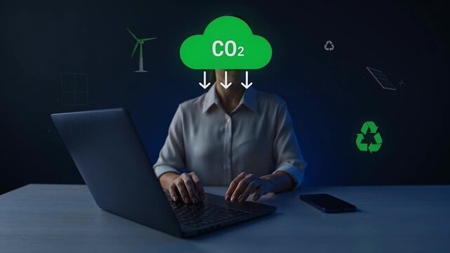 Businessperson working on laptop with eco friendly co2 reduction concept
