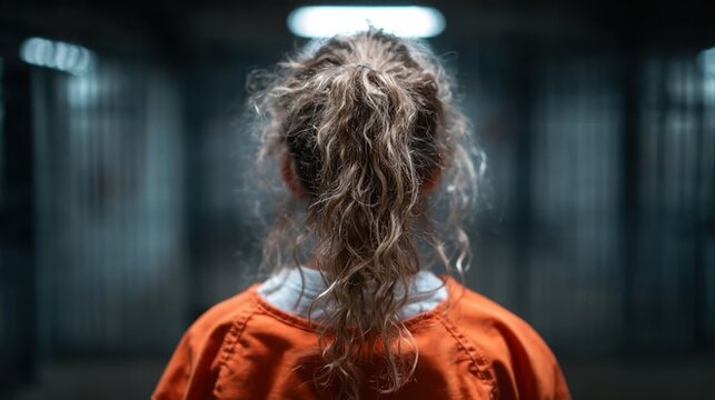 A young girl with curly hair stands with her back to the camera in an orange jumpsuit, looking contemplatively toward the barred entrance of a prison cell.