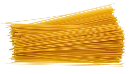Isolated dried spaghetti stack, long thin yellow pasta ready for cooking, uncooked noodles food