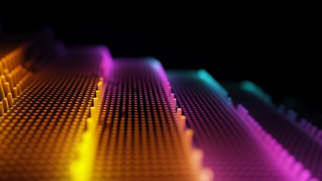 Animation diagonal line visual dynamic upward black background vibrant abstract gradient art colourful moving glowing array of diagonal lines and steps of glowing pixels forming rhythmic futuristic