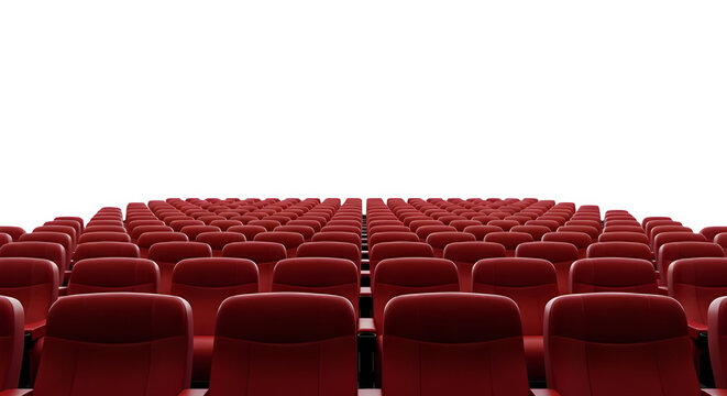 Rows of empty red seats arranged in neat rows within a modern cinema or theater auditorium for a movie or business conference event