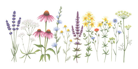 A watercolor illustration featuring a diverse array of wild and medicinal herbs and flowers, including lavender and echinacea. © Victor creative 