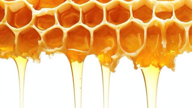 Close-up of golden honeycomb with flowing, viscous liquid against a white backdrop
