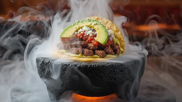 Steaming Taco with Avocado and Meat, Served in a Molcajete with Smoke