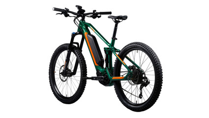 Obraz premium Isolated electric mountain bike, green off-road bicycle for trail riding and outdoor recreation