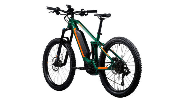 Isolated electric mountain bike, green off-road bicycle for trail riding and outdoor recreation