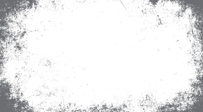 Gray textured grunge border overlay with scattered specks and scratches on white background distressed