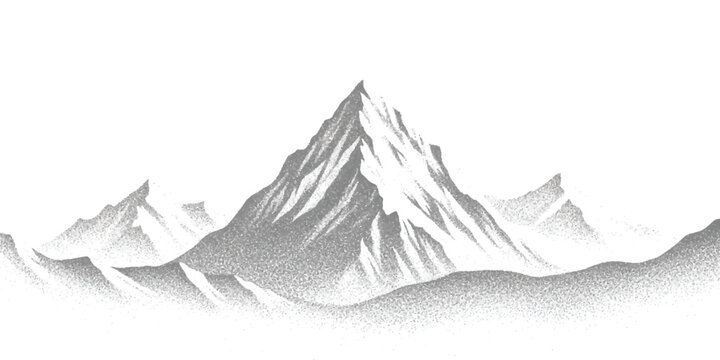 A detailed black and white illustration of a majestic mountain range with a prominent central peak.