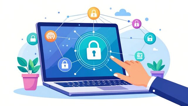 Laptop with digital security elements, hand pointing, plants