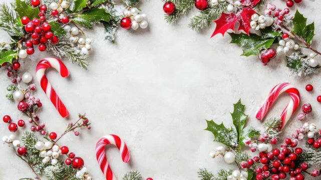 Festive holiday border with candy canes, holly, red berries, white berries, and snowy sprigs on a light backdrop